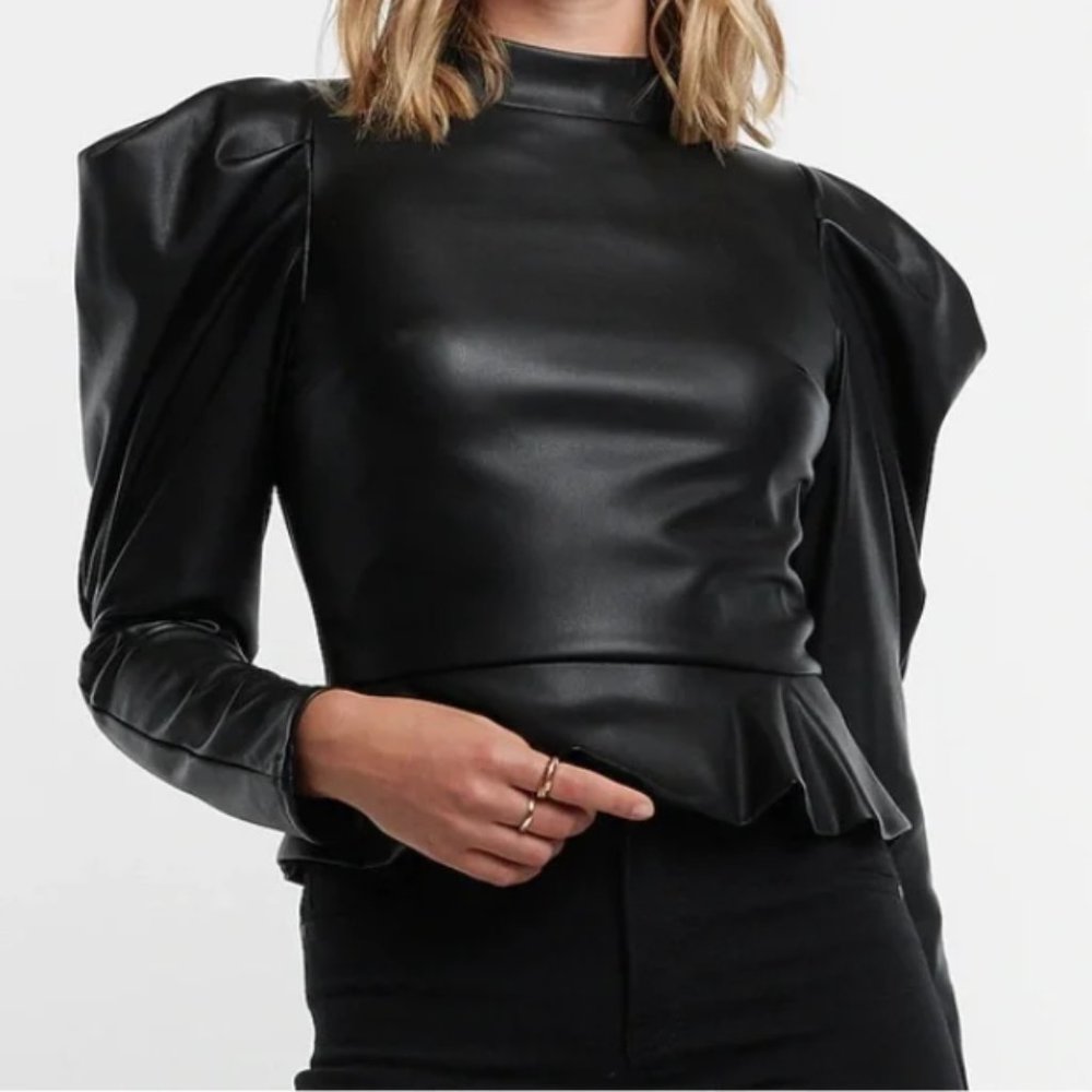 Express Faux Leather Mock Neck  Puff Sleeve Peplum Top Shirt Blouse Black